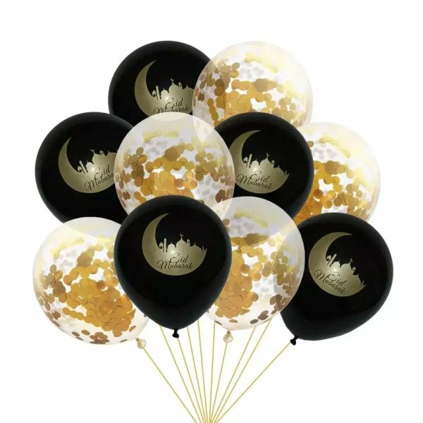 Black & Gold Confetti Eid Mubarak Latex Balloon Bouquet 10Pk  |   Balloon Bouquets