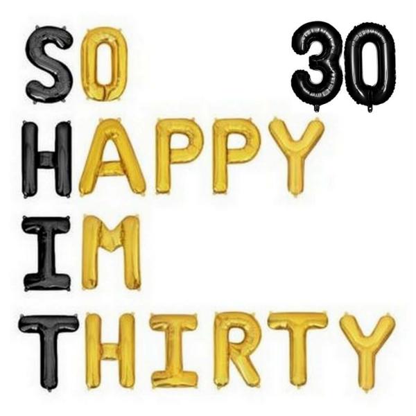 Black Gold So Happy Im Thirty 30 Foil Balloons – Black 30  |   Party Banners