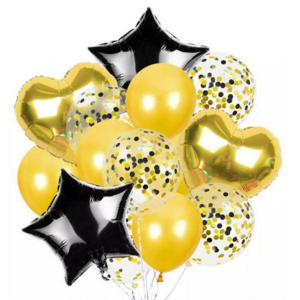 Black & Gold Star Heart Confetti Balloon Bouquet 14Pk  |   Balloon Bouquets