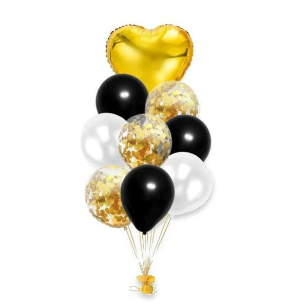 Black Gold White Heart Balloon Bouquet 9Pk  |   Balloon Bouquets