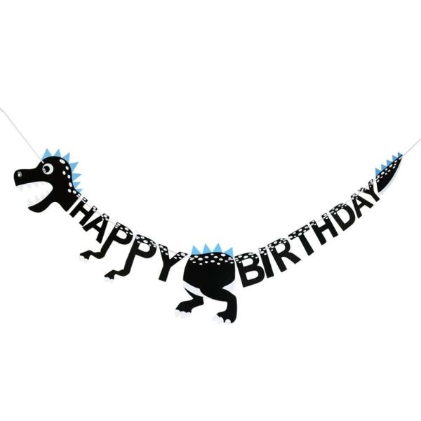 Black Happy Birthday Dinosaur Paper Banner  |   Party Banners