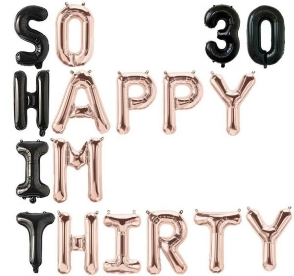 Black & Rose Gold So Happy Im Thirty 30 Foil Balloon Banner – Black 30  |   Party Banners