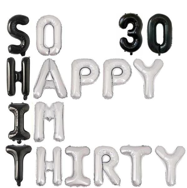 Black & Silver So Happy Im Thirty 30 Foil Balloon Banner – Black 30  |   Party Banners