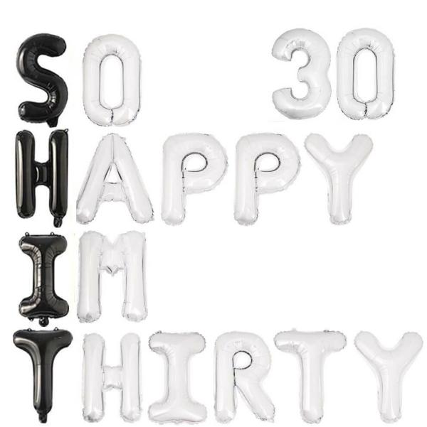 Black & Silver So Happy Im Thirty 30 Foil Balloon Banner – Silver 30  |   Party Banners