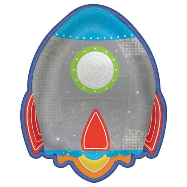 Blast Off Birthday Rocket Shaped Metallic Paper Plates 8Pk  |   Party Plates