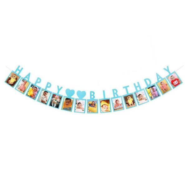 Blue Baby Milestone Photo Frame Happy Birthday Paper Garland  |   Party Banners