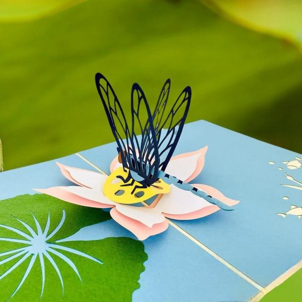 Blue Dragonfly Landing On Lotus Pop Up Card  |   Animals