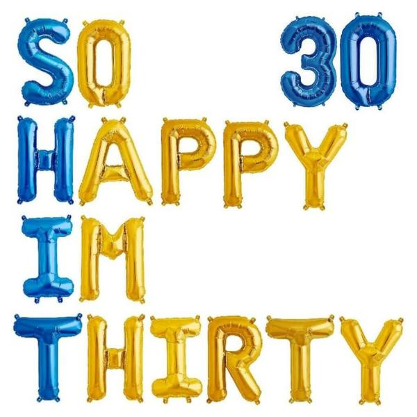 Blue Gold So Happy Im Thirty 30 Foil Balloon Banner – Blue 30  |   Party Banners