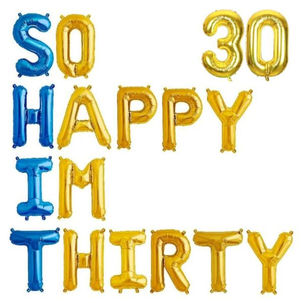 Blue Gold So Happy Im Thirty 30 Foil Balloons – Gold 30  |   Party Banners