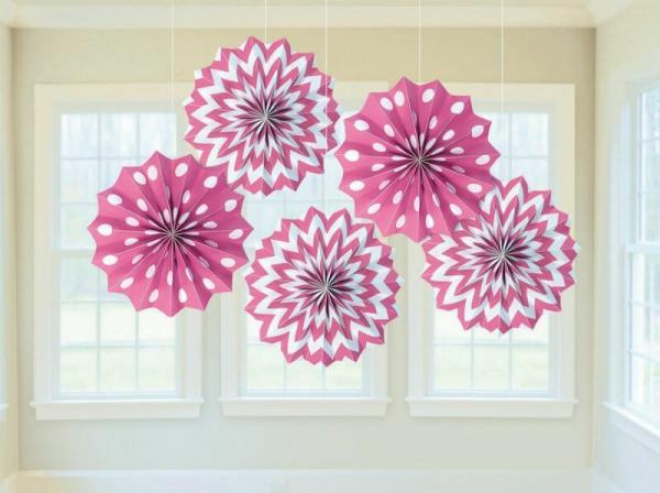 Bright Pink Printed Paper Fan Decorations 5Pk  |   Decorative Fans