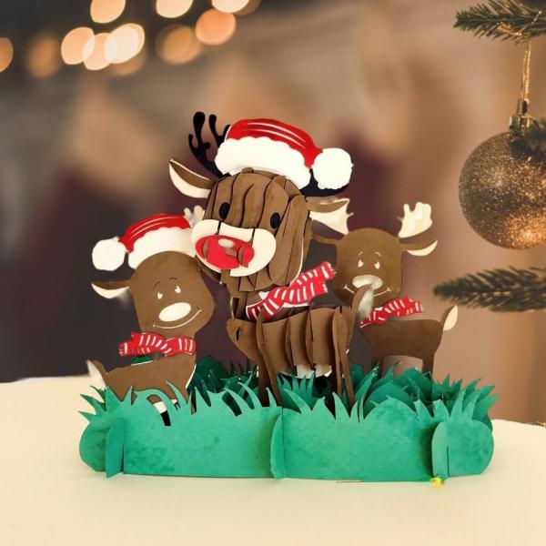 Brown Christmas Reindeer Family Pop Up Card  |   Animals