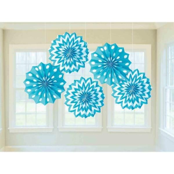 Caribbean Blue Printed Paper Fan Decorations 5Pk  |   Decorative Fans