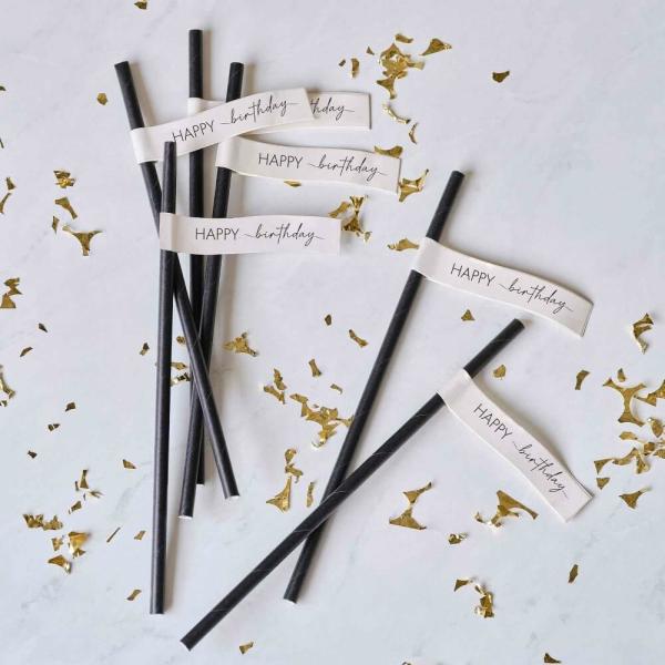 Champagne Noir Birthday Paper Straws 16Pk  |   Stainless Steel Straws