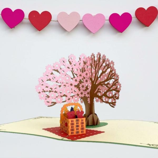 Cherry Blossom Tree With A Picnic Basket Pop Card  |   Flowers & Trees