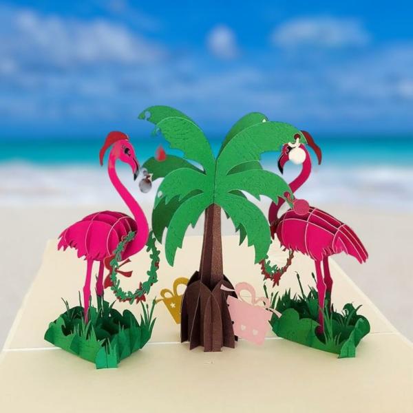 Christmas Pink Flamingos 3D Pop Up Card  |   Christmas