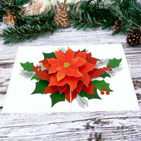 Christmas Red Poinsettia Flower 3D Card – White Cover  |   Christmas