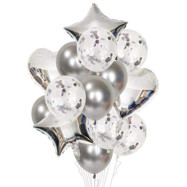 Chrome Silver Star Heart Confetti Balloon Bouquet 14Pk  |   Balloon Bouquets