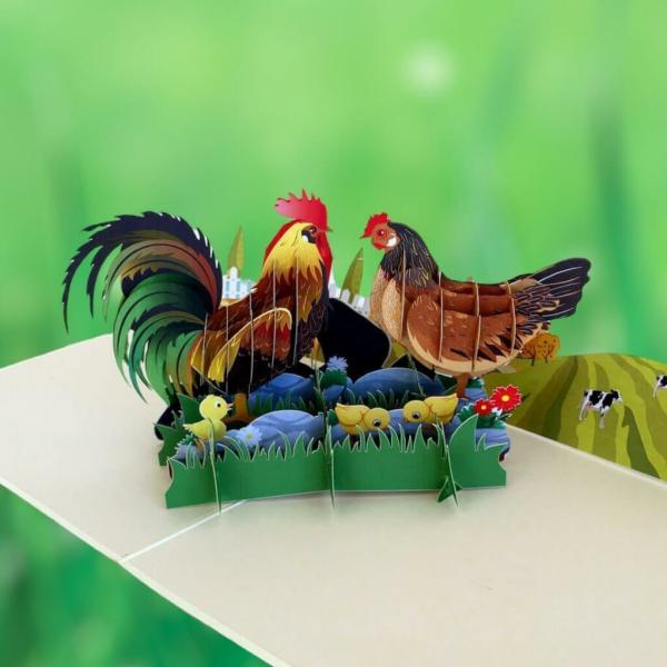 Colourful Chicken Family On A Farm Pop Card  |   Anniversary