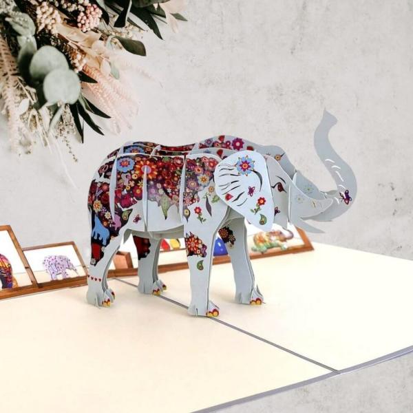 Colourful Hand Painted Elephant 3D Pop Up Card  |   Animals