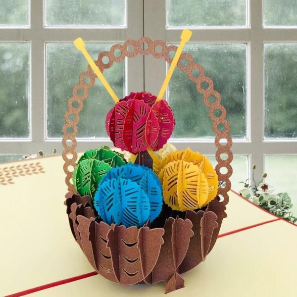 Colourful Knitting Yarn Basket Pop Up Card  |   Christmas