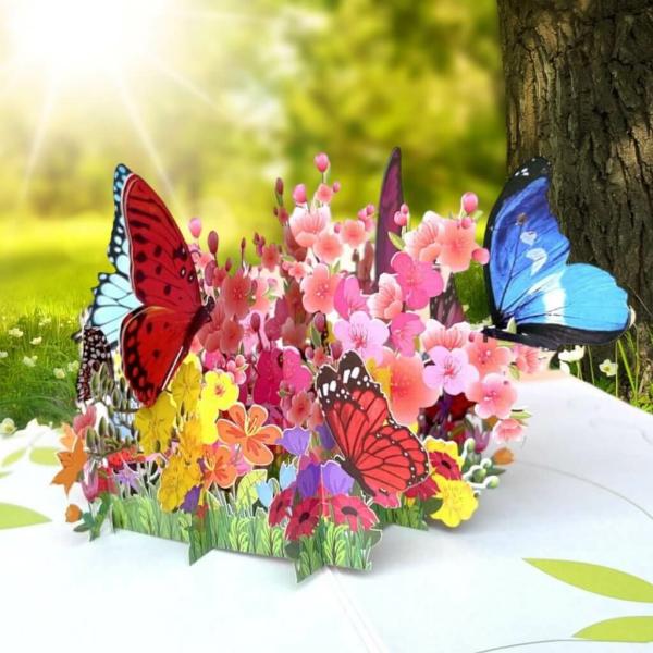 Colourful Spring Butterflies Resting On Flower Garden Bed Pop Card  |   Pop Up Cards