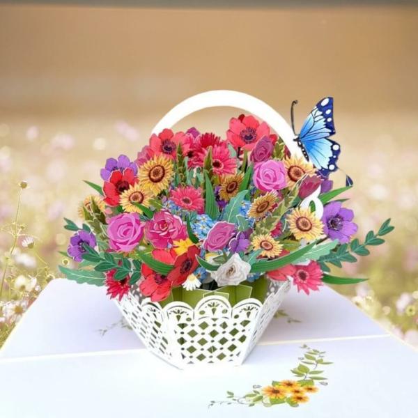 Colourful Spring Flower Basket 3D Floral Pop Card – Cream Cover  |   Valentine’s Day