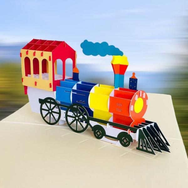 Colourful Steam Locomotive Pop Up Card – White Cover  |   Pop Up Cards