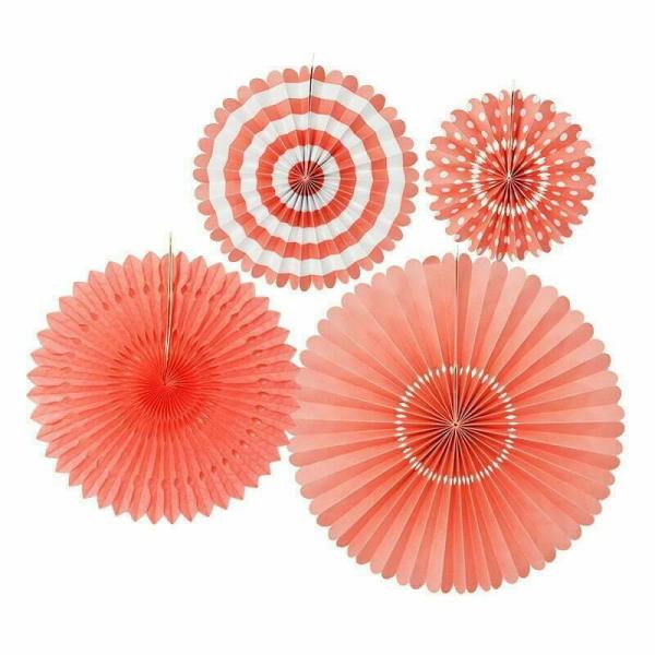 Coral Red Hanging Decorative Paper Fans 4Pk  |   Decorative Fans