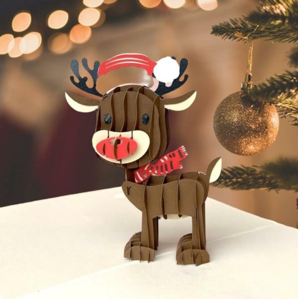 Cute Baby Reindeer Wearing Xmas Hat Pop Up Card  |   Animals