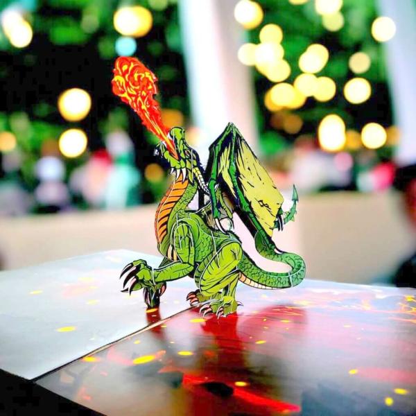 Fire Breathing Green Dragon Pop Up Card  |   Christmas