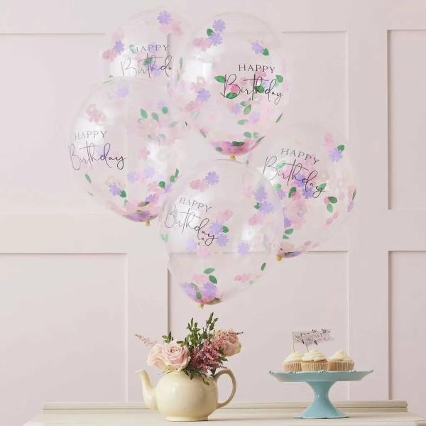 Floral Confetti Happy Birthday Balloons 5Pk  |   Confetti Balloons