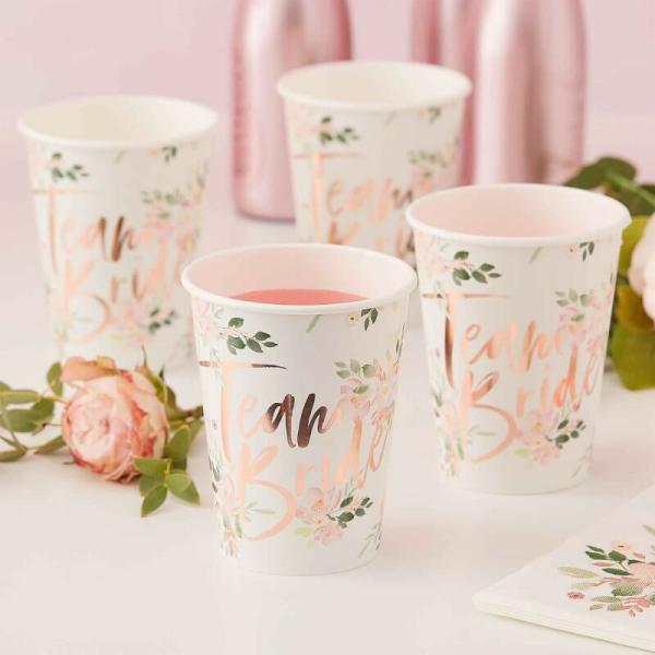 Floral Team Bride 266Ml Paper Cups 8 Pack  |   Party Cups