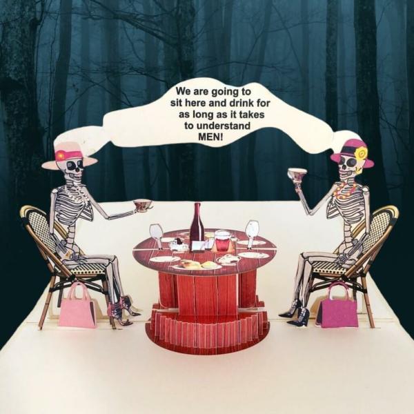 Funny Skeleton Ladies Chatting In Tearoom Pop Card  |   Anniversary