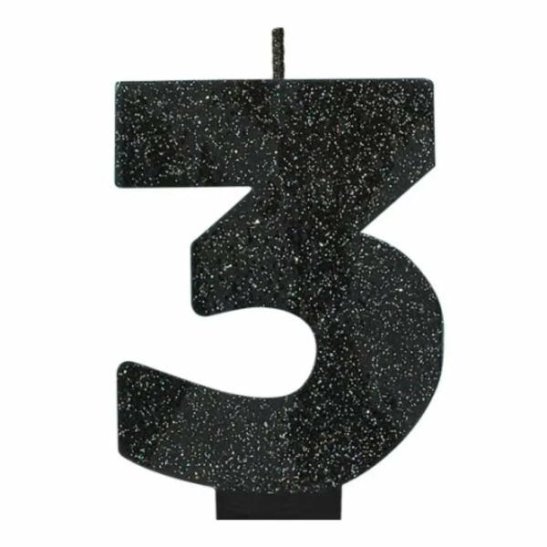 Glitter Black Numeral Candle – Number 3  |   Candles