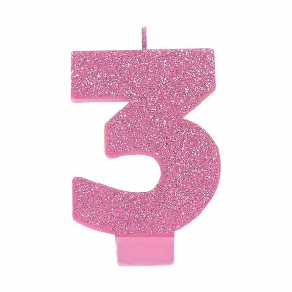 Glitter Pink Number 3 Candle  |   Candles