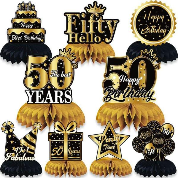 Gold 50Th Birthday Honeycomb 9Pk  |   Table Centrepieces