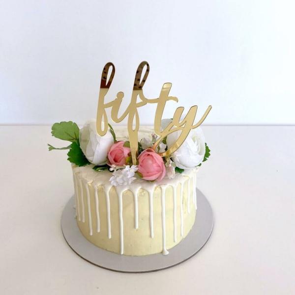 Gold Acrylic ‘Fifty’ Birthday Cake Topper  |   Script Numbers