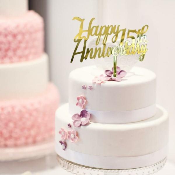 Gold Acrylic ‘Happy 15Th Anniversary’ Cake Topper  |   Anniversary