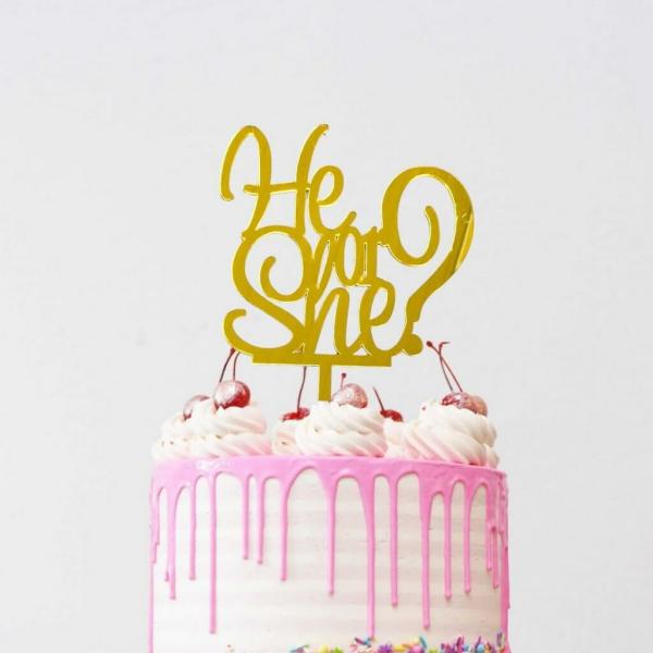 Gold Acrylic ‘He Or She?’ Cake Topper  |   Baby Shower