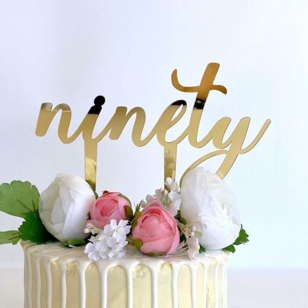 Gold Acrylic ‘ninety’ Cake Topper  |   Script Numbers