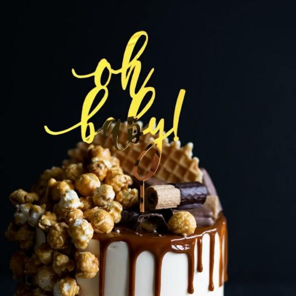 Gold Acrylic ‘Oh Baby!’ Script Cake Topper  |   Baby Shower