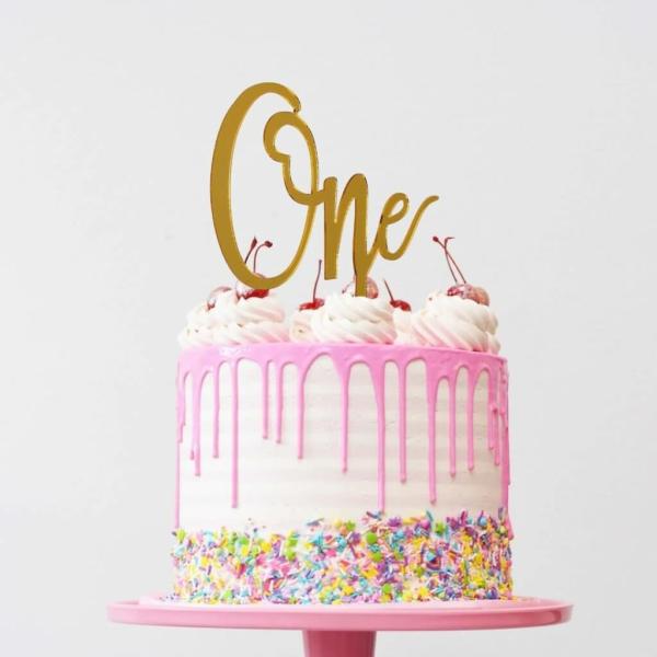 Gold Acrylic ‘One’ Birthday Cake Topper  |   Birthday