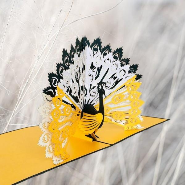 Gold And Black Peacock Pop Up Card – Black Cover  |   Animals