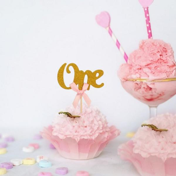 Gold Glitter Age One Pink Ribbon Cupcake Picks 6Pk  |   First Birthday