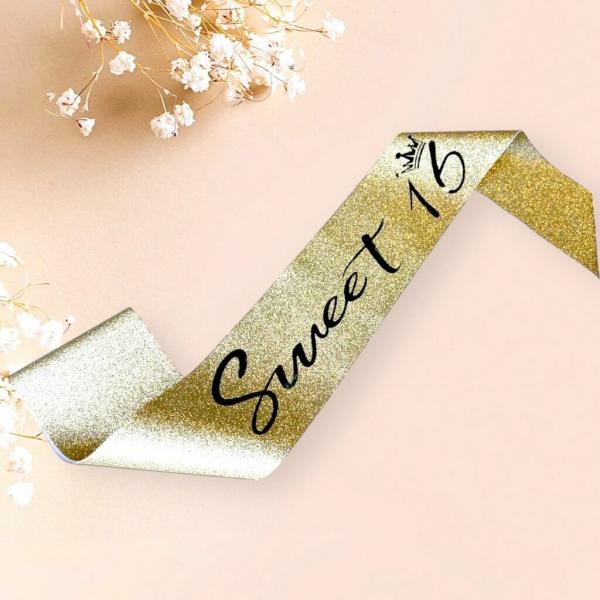 Gold Glitter ‘sweet 16’ With Little Crown Sash  |   Party Favours