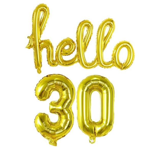 Gold ‘Hello 30’ Birthday Foil Balloon Banner  |   Party Banners