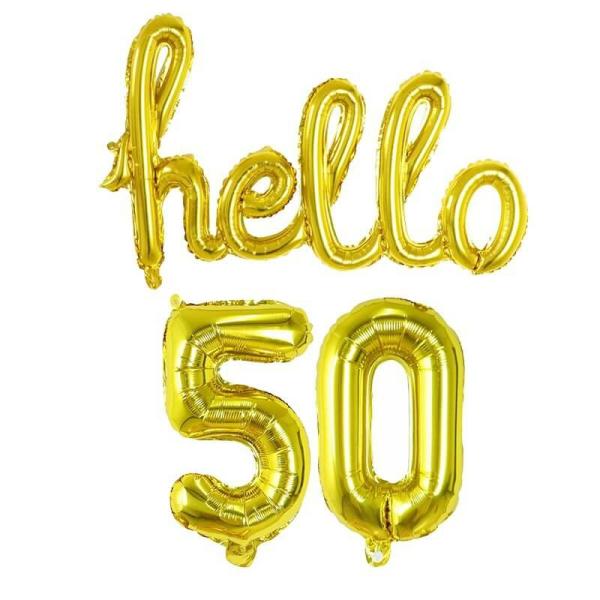 Gold ‘Hello 50’ Birthday Foil Balloon Banner  |   Party Banners