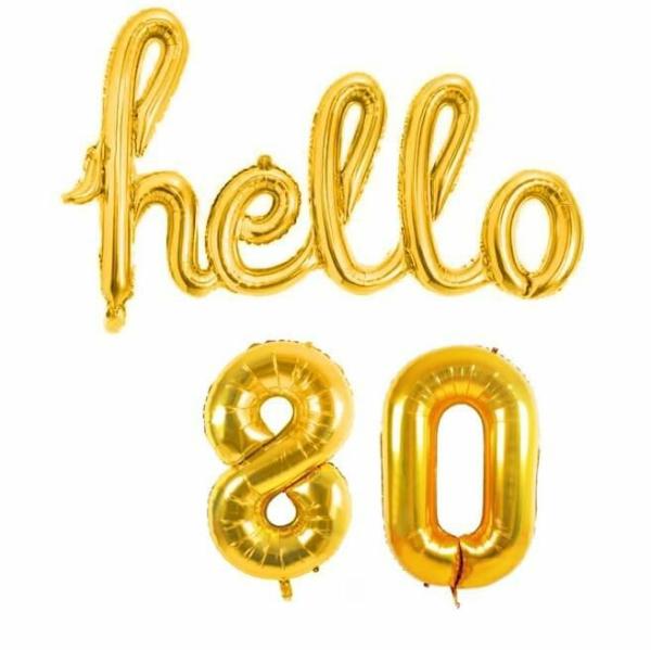 Gold ‘Hello 80’ Birthday Foil Balloon Banner  |   Party Banners