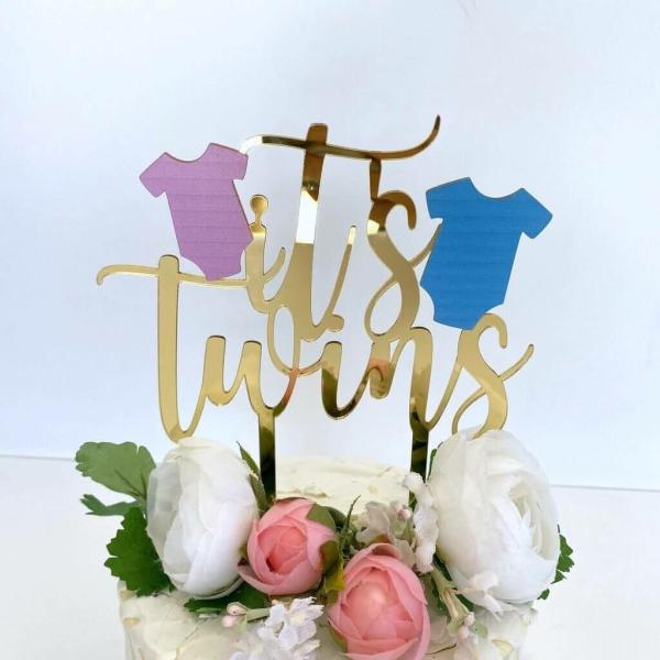 Gold Mirror Acrylic It’s Twins Pink & Blue Onesie Cake Topper  |   Baby Shower