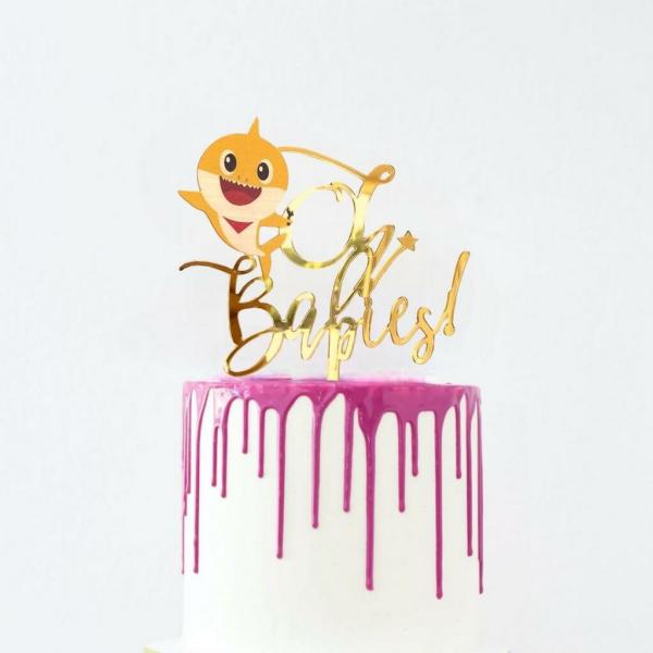 Gold Mirror Acrylic Oh Babies Baby Shark Cake Topper  |   Birthday